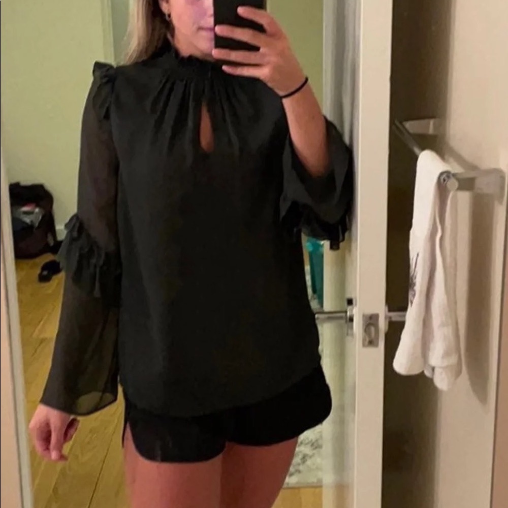 Zara blouse- black with bell sleeves at middle of long sleeve- size XS
